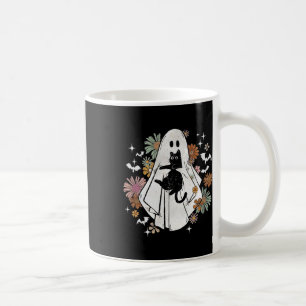 Spooky Ghost Holding Black Cat Groovy Floral Hallo Coffee Mug