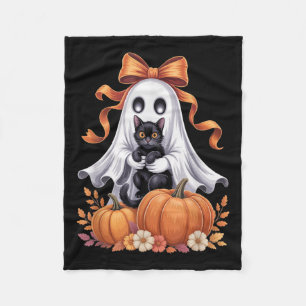 Spooky Ghost Holding Black Cat Groovy Floral Hallo Fleece Blanket