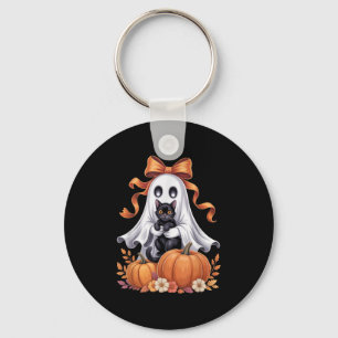 Spooky Ghost Holding Black Cat Groovy Floral Hallo Key Ring