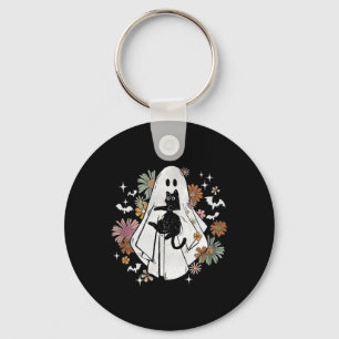 Spooky Ghost Holding Black Cat Groovy Floral Hallo Key Ring