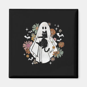 Spooky Ghost Holding Black Cat Groovy Floral Hallo Magnet