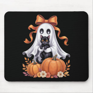 Spooky Ghost Holding Black Cat Groovy Floral Hallo Mouse Pad