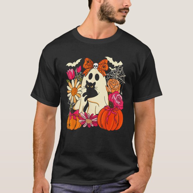 Spooky Ghost Holding Black Cat Groovy Floral Hallo T-Shirt (Front)