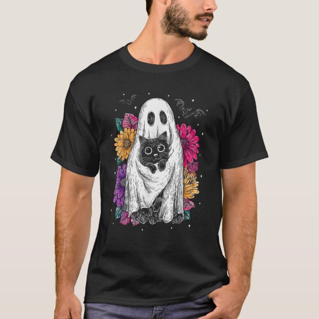 Spooky Ghost Holding Black Cat Groovy Floral Hallo T-Shirt (Front)