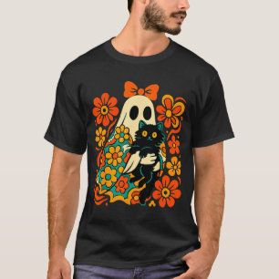 Spooky Ghost Holding Black Cat Groovy Floral Retro T-Shirt