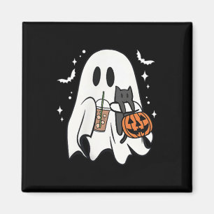 Spooky Ghost Holding Black Cat Halloween Ice Coffe Magnet
