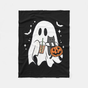 Spooky Ghost Holding Black Cat Halloween Ice Fleece Blanket