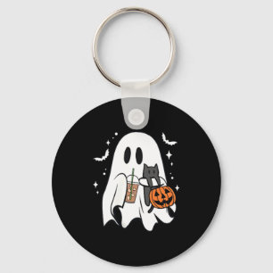 Spooky Ghost Holding Black Cat Halloween Ice Key Ring