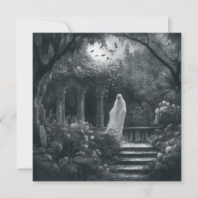 Spooky Ghost in Garden Graveyard Vintage Goth Card (Front)