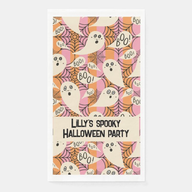 Spooky ghost kids with boo on pink orange stripes napkin (Front)