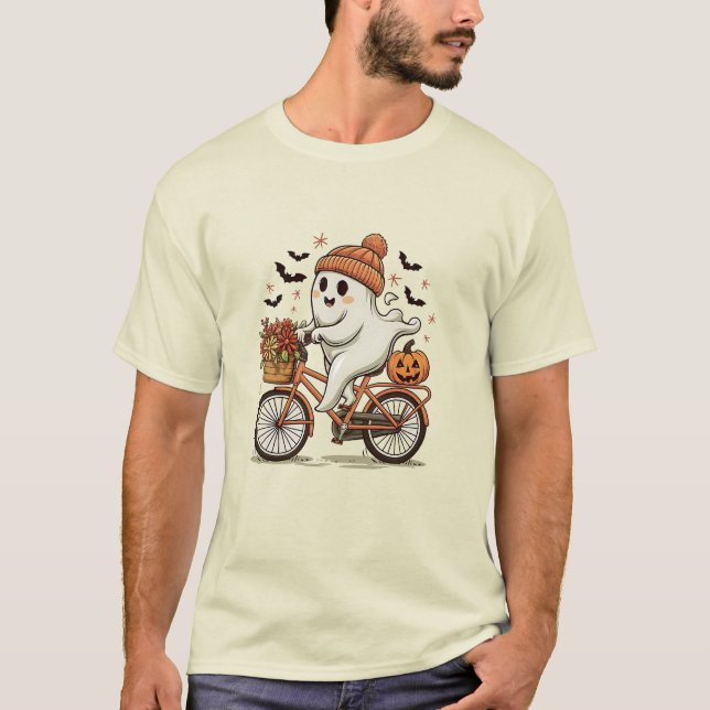 Spooky Ghost on a Bicycle Design T-Shirt (Front)