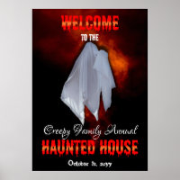 Spooky Ghost on Fiery Sky Haunted House Welcome Po