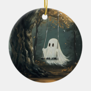 Spooky Ghost on Swing Halloween Autumn Forest Ceramic Ornament