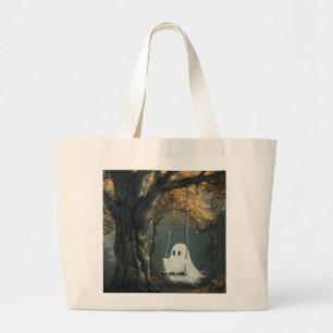 Spooky Ghost on Swing Halloween Autumn Forest Large Tote Bag