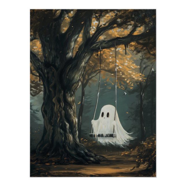 Spooky Ghost on Swing Halloween Autumn Forest Poster (Front)