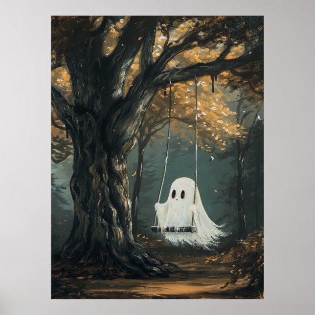 Spooky Ghost on Swing Halloween Autumn Forest Poster (Front)