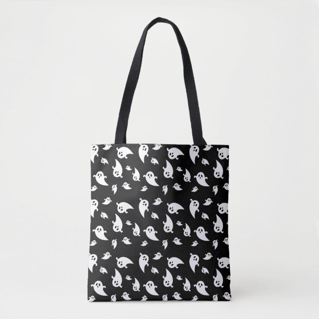 Spooky Ghost Pattern On Black Halloween Tote Bag (Front)