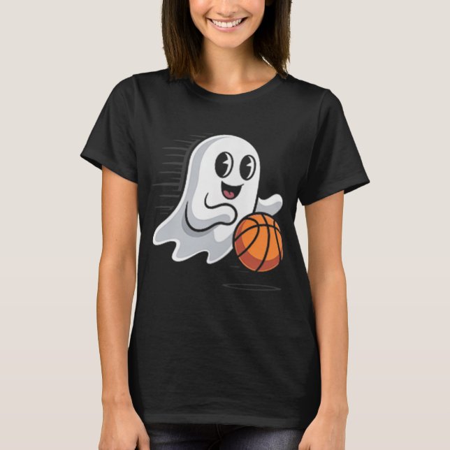Spooky Ghost Playing Basketball Retro Halloween Co T-Shirt (Front)