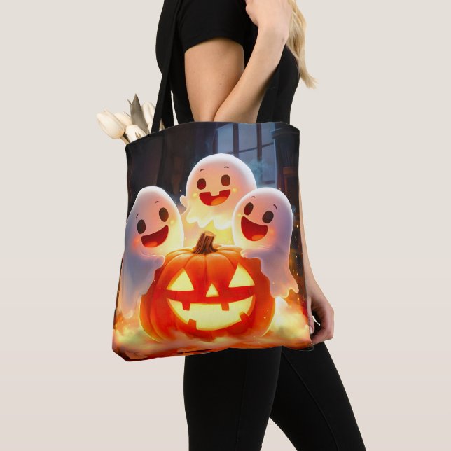 Spooky Ghost Pumpkin Party Glow Tote Bag (Close Up)