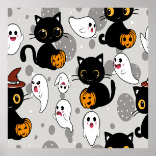 Spooky Ghost Pumpkin Paws Poster