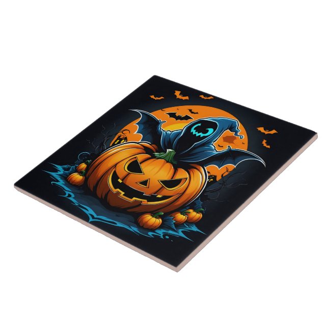 Spooky ghost rising from a carved pumpkin at night ceramic tile (Side)