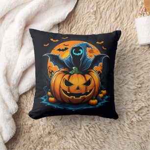 Spooky ghost rising from a carved pumpkin at night cushion