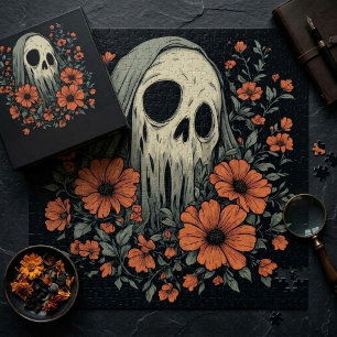 Spooky Ghost Skull with Orange Flowers Jigsaw Puzzle