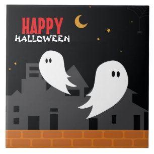 Spooky ghost town halloween cartoon ceramic tile