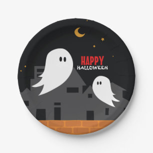 Spooky ghost town halloween cartoon paper plate