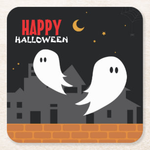 Spooky ghost town halloween cartoon square paper coaster