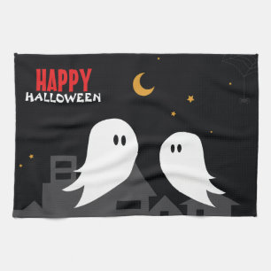 Spooky ghost town halloween cartoon tea towel