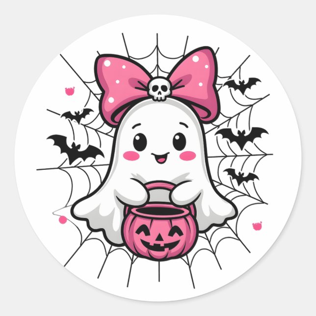 Spooky Ghost with Pink Bow Breast Cancer Awareness Classic Round Sticker (Front)