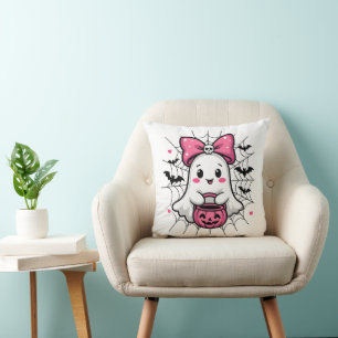 Spooky Ghost with Pink Bow Breast Cancer Awareness Cushion