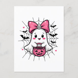 Spooky Ghost with Pink Bow Breast Cancer Awareness Postcard
