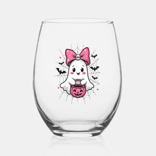 Spooky Ghost with Pink Bow Breast Cancer Awareness Stemless Wine Glass