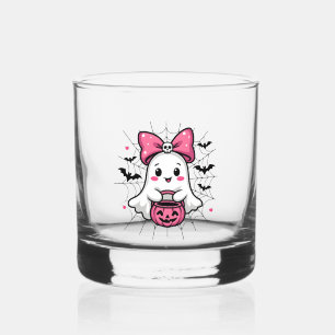 Spooky Ghost with Pink Bow Breast Cancer Awareness Whiskey Glass