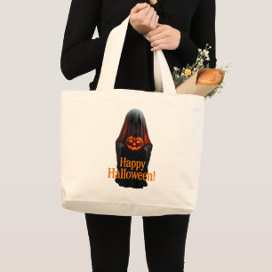 Spooky Ghost with Pumpkin – Happy Halloween Large Tote Bag