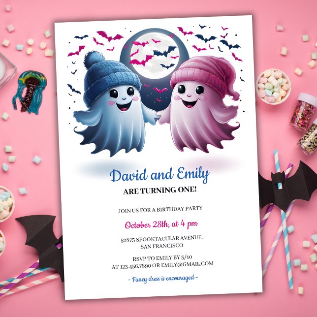 Spooky Ghosts Halloween Joint Twins First Birthday Invitation (Cute Spooky Ghosts Halloween Joint Twins First Birthday Invitation)