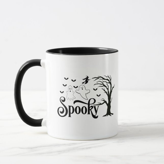 Spooky Ghosts Tree Birds Witch on Broom Halloween Mug (Left)