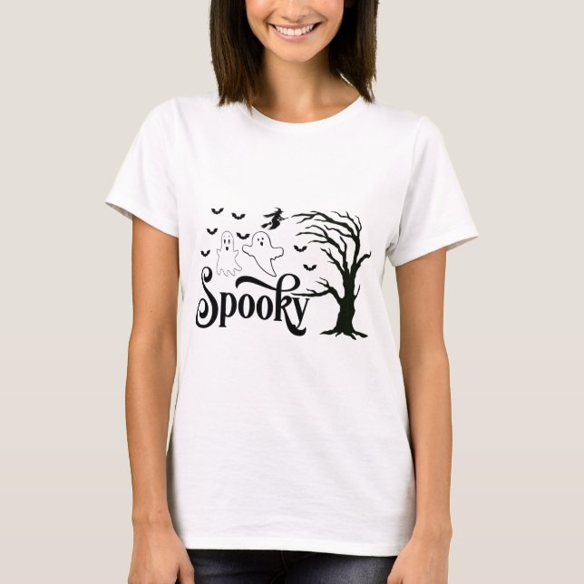 Spooky Ghosts Tree Birds Witch on Broom Halloween T-Shirt (Front)
