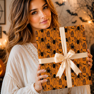 Spooky Giant Spider Gothic Orange Wrapping Paper