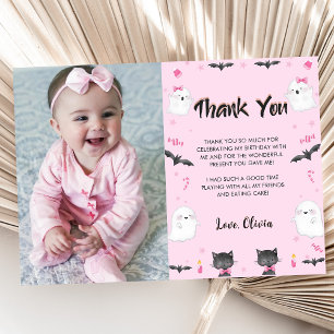 Spooky Girl Halloween Birthday Party Photo Thank You Card