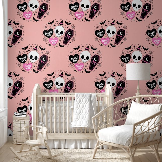 Spooky Girl Pink Goth Halloween Seamless Pattern Wallpaper (Kids)