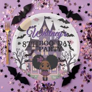 Spooky Girl Purple afro-puff Birthday Party Paper Plate