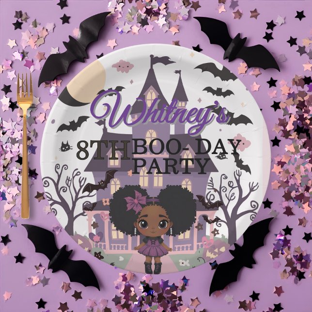 Spooky Girl Purple afro-puff Birthday Party Paper Plate (Spooky Girl Purple afro-puff Birthday Party Paper Plates)