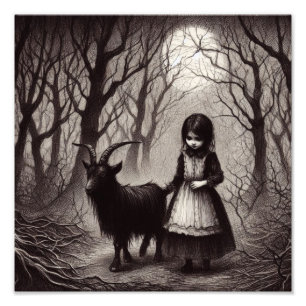 Spooky Girl With Goat Black Phillip Haunted Forest Photo Print