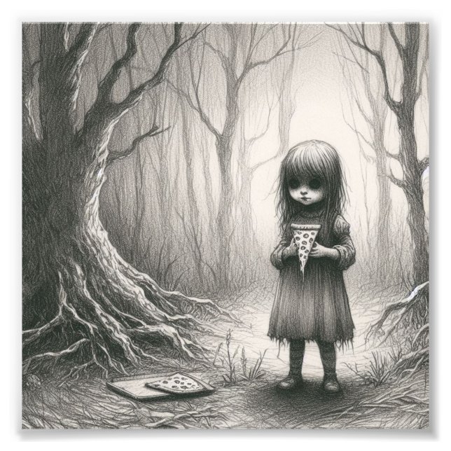 Spooky Girl with Pizza Horror Creepy Illustration Photo Print (Front)