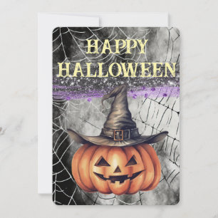 Spooky Glitter Happy Halloween Witch Hat Pumpkin Holiday Card