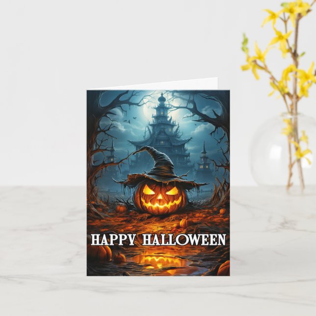 Spooky Glowing Halloween Pumpkin Card (Yellow Flower)
