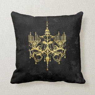 Spooky Gold Chandelier on Black Faux Glitter Cushion